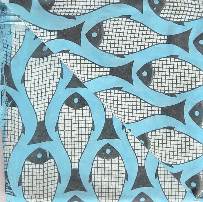 インド ブロックプリント生地 [50cm単位切売] ダブー フィッシュ ブルー SA 魚 さかな IF0451 | 3枚目