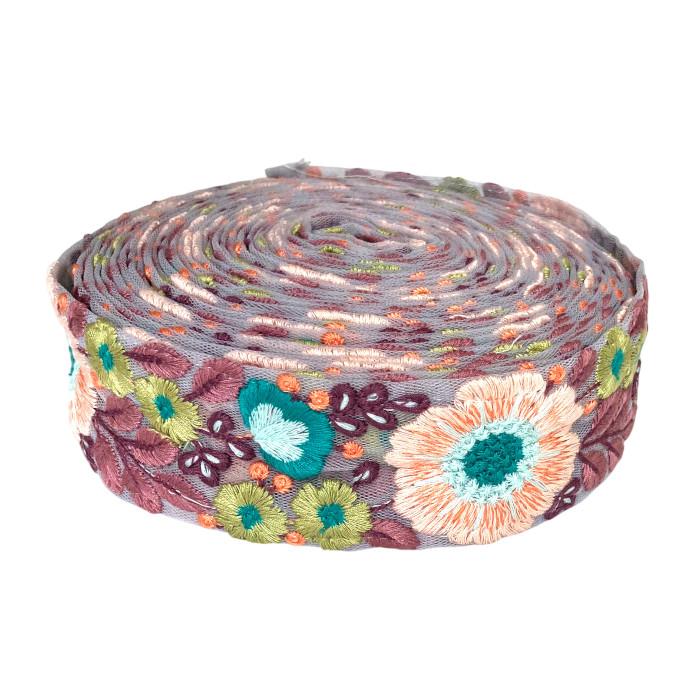 インド刺繍リボン50cm切り売り フォークロアフラワー チュールブルー地 4.3cm幅 花  R-08451枚目の画像