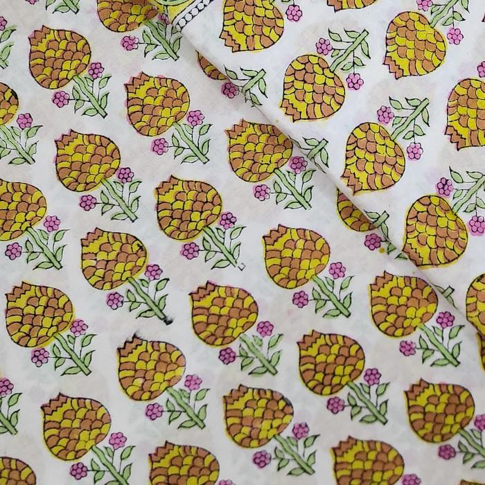 インド ブロックプリント生地 [50cm単位切売] サンガネリ マムフラワー イエロー ボーダー 花 SA IF0466 | 2枚目
