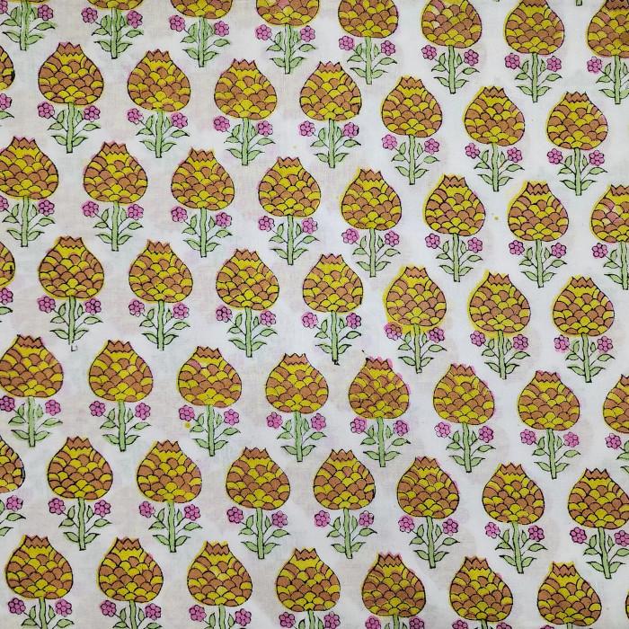 インド ブロックプリント生地 [50cm単位切売] サンガネリ マムフラワー イエロー ボーダー 花 SA IF0466 | 3枚目
