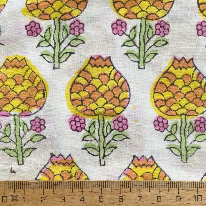 インド ブロックプリント生地 [50cm単位切売] サンガネリ マムフラワー イエロー ボーダー 花 SA IF0466 | 4枚目