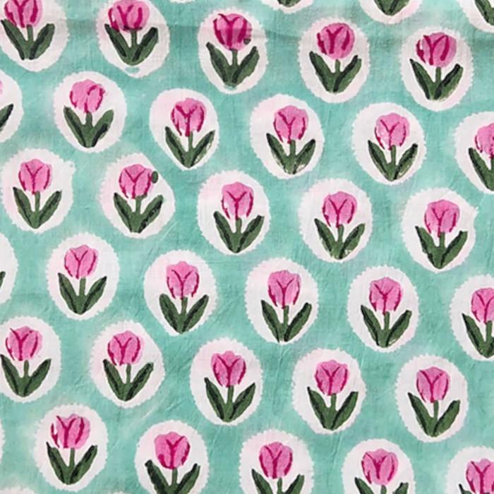 インド ブロックプリント生地 [50cm単位切り売り] ピンクチューリップ on ミントグリーン 花 SA IF0469