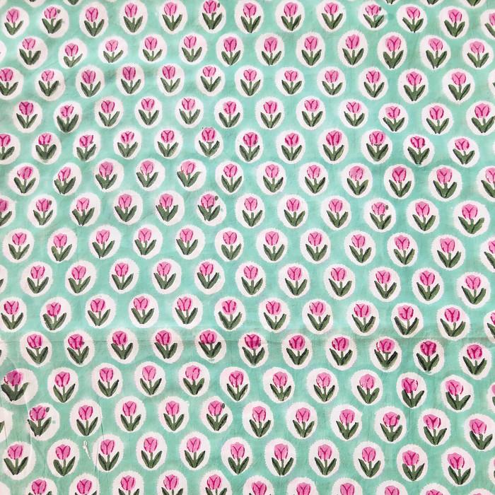 インド ブロックプリント生地 [50cm単位切り売り] ピンクチューリップ on ミントグリーン 花 SA IF0469 | 3枚目