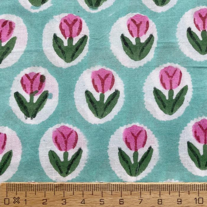 インド ブロックプリント生地 [50cm単位切り売り] ピンクチューリップ on ミントグリーン 花 SA IF0469 | 4枚目