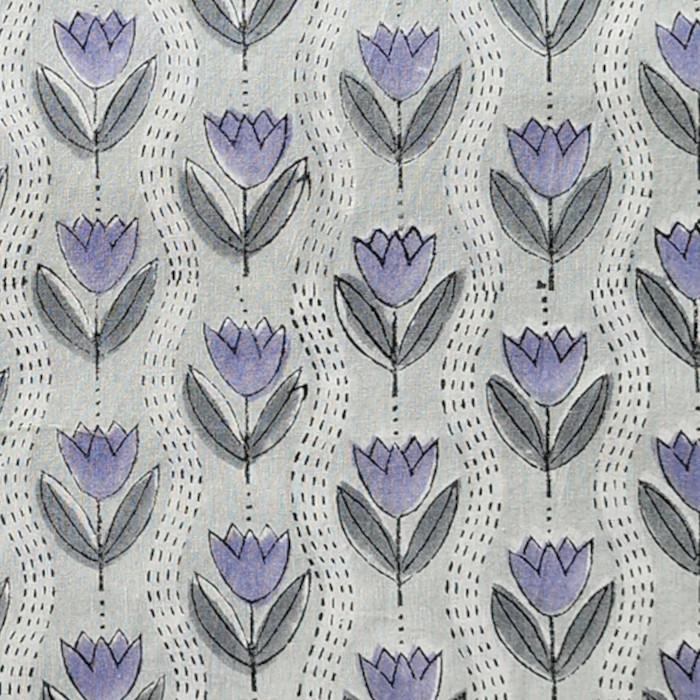 インド ブロックプリント生地 [50cm単位切り売り] サンガネリ パープル チューリップ on グレー IF0474