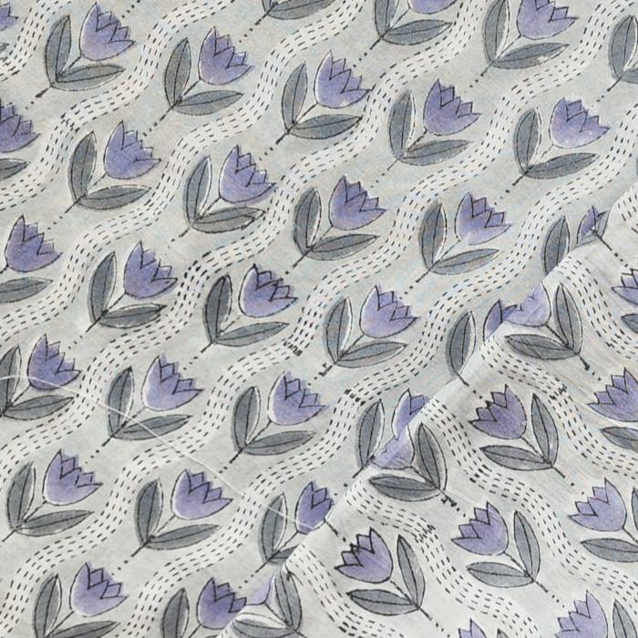 インド ブロックプリント生地 [50cm単位切り売り] サンガネリ パープル チューリップ on グレー IF0474 | 2枚目