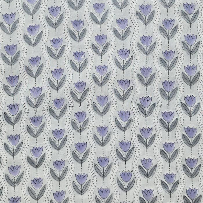 インド ブロックプリント生地 [50cm単位切り売り] サンガネリ パープル チューリップ on グレー IF0474 | 3枚目