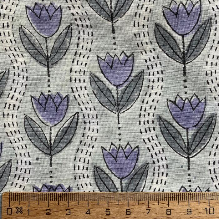 インド ブロックプリント生地 [50cm単位切り売り] サンガネリ パープル チューリップ on グレー IF0474 | 4枚目
