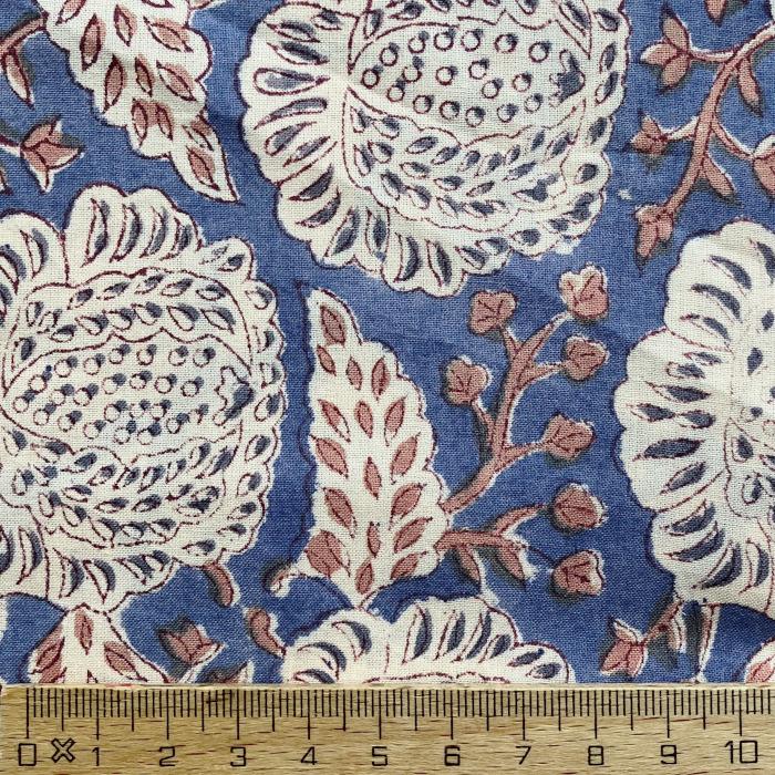 インド ブロックプリント生地 [50cm単位切り売り]サンガネリ ビッグフラワー on ブルー ベリー色 IF0477 | 4枚目