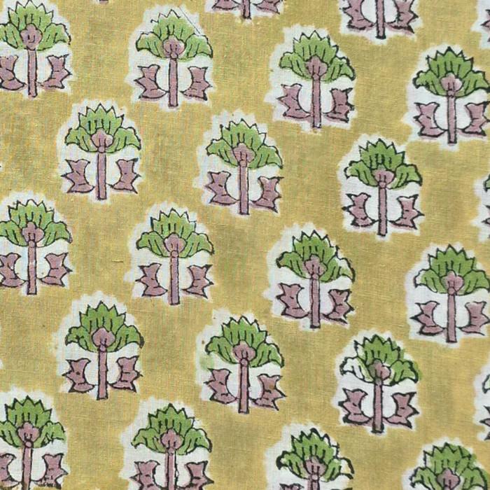 インド ブロックプリント生地 [50cm単位切売]サンガネリ グリーンフラワー on ヘナグリーン 花SA IF0478