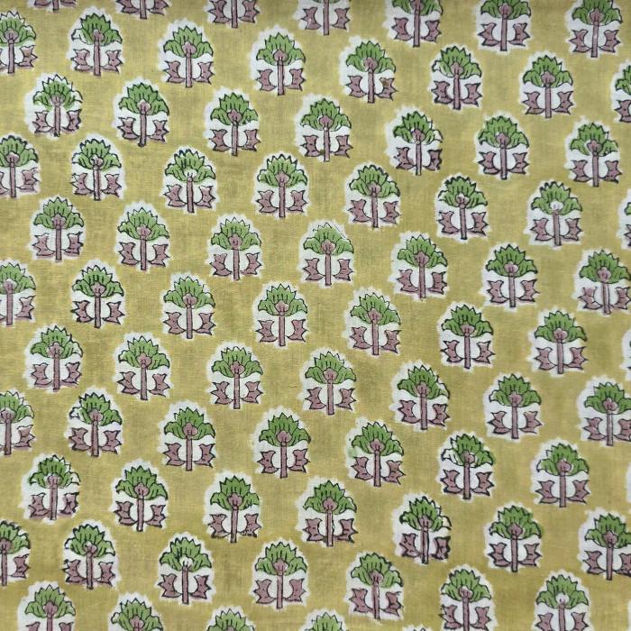 インド ブロックプリント生地 [50cm単位切売]サンガネリ グリーンフラワー on ヘナグリーン 花SA IF0478 | 3枚目