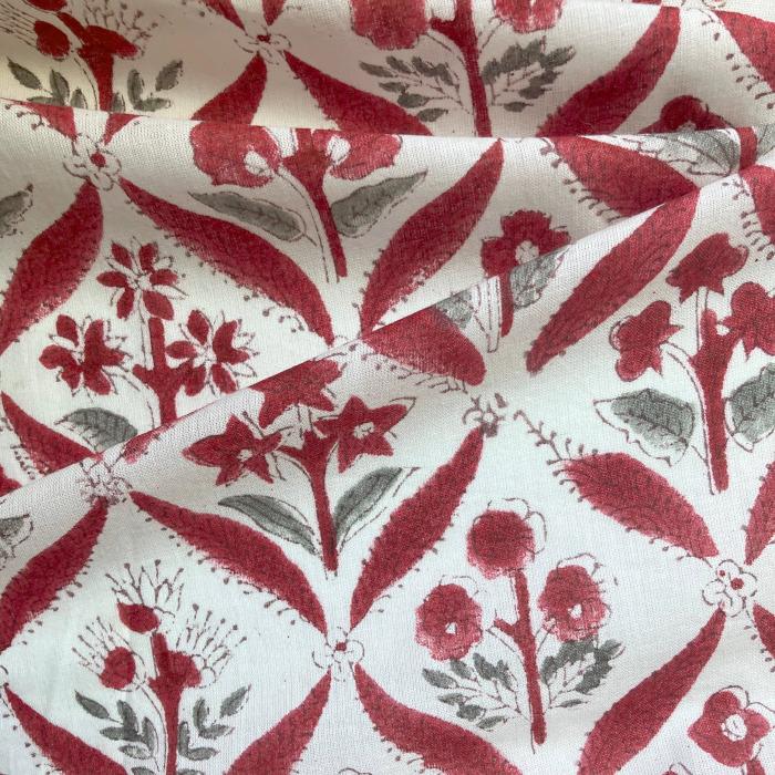 インド ブロックプリント生地 [50cm単位切売] サンガネリ クラシカルフラワーレッド 花  IF0479
