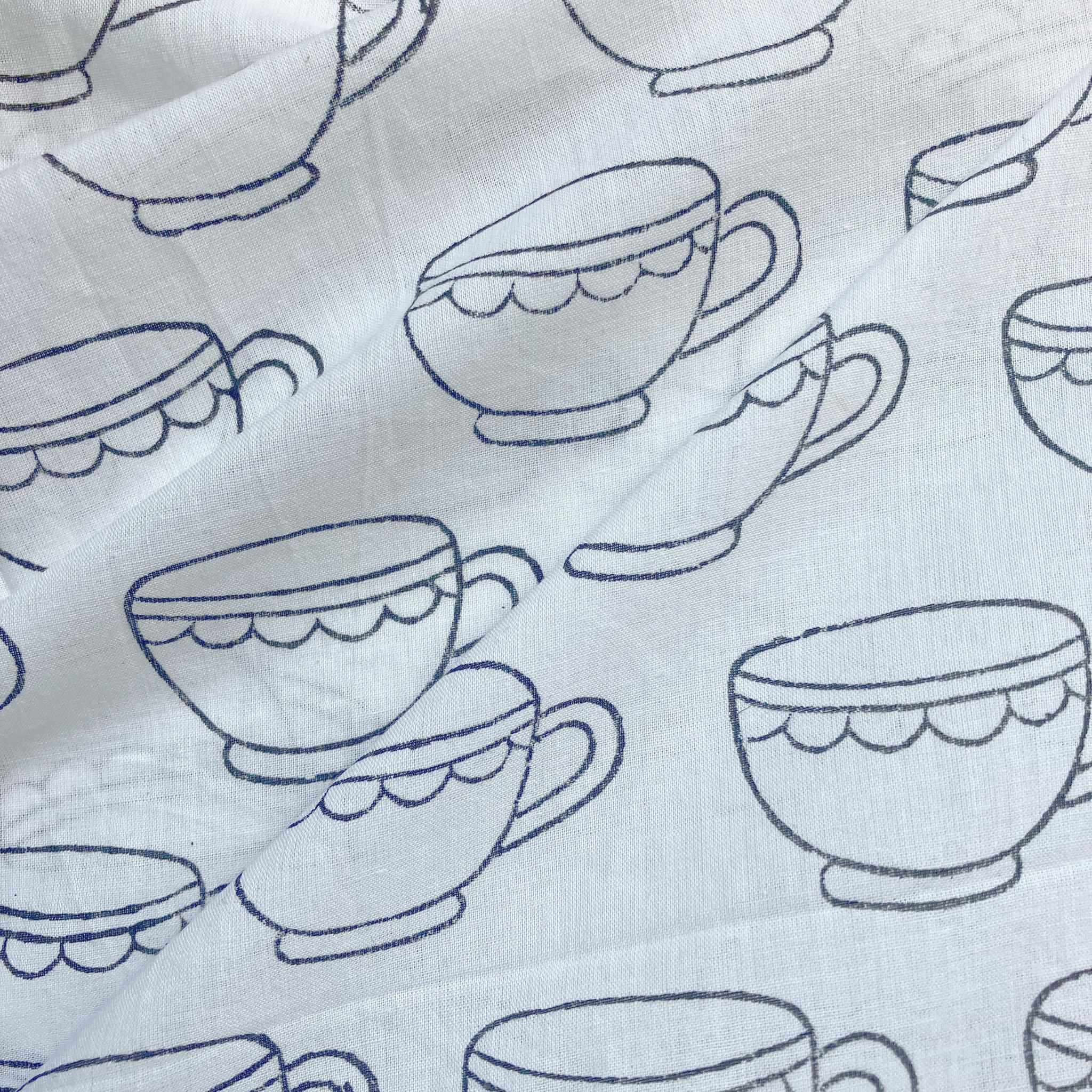 インド ブロックプリント生地 [50cm単位切売] サンガネリ ティーカップ モノクロ コーヒー キッチン IF0480