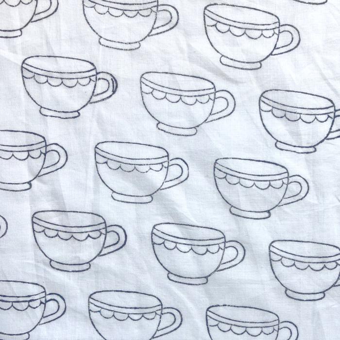 インド ブロックプリント生地 [50cm単位切売] サンガネリ ティーカップ モノクロ コーヒー キッチン IF0480 | 2枚目