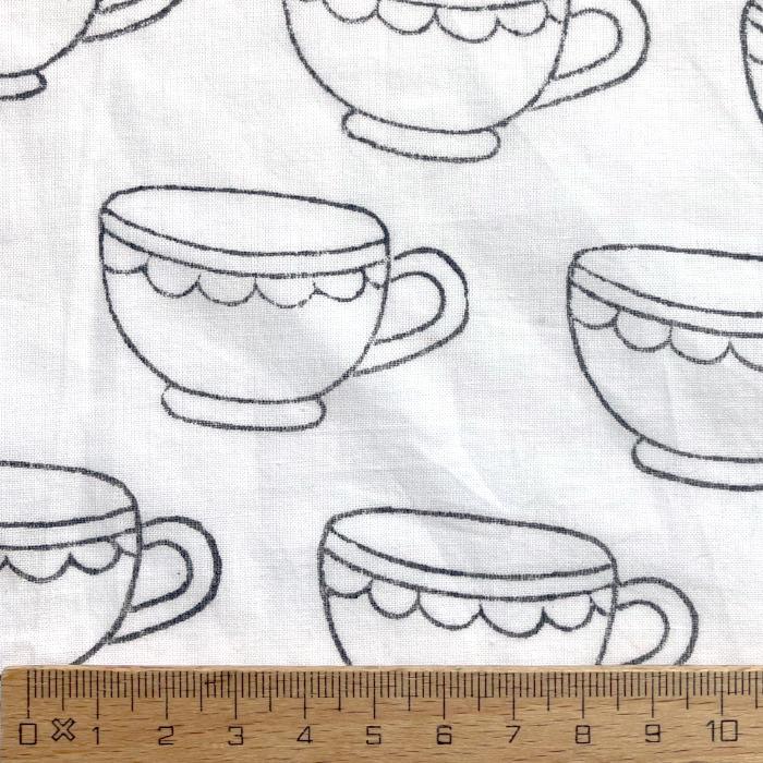 インド ブロックプリント生地 [50cm単位切売] サンガネリ ティーカップ モノクロ コーヒー キッチン IF0480 | 3枚目