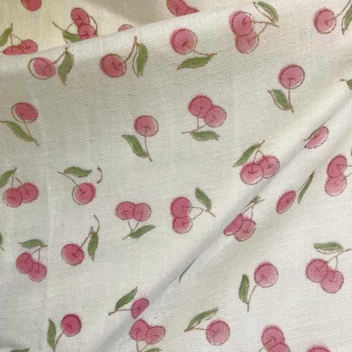 インド ブロックプリント生地 [50cm単位] サンガネリ ダブルガーゼ チェリー さくらんぼ IF0485