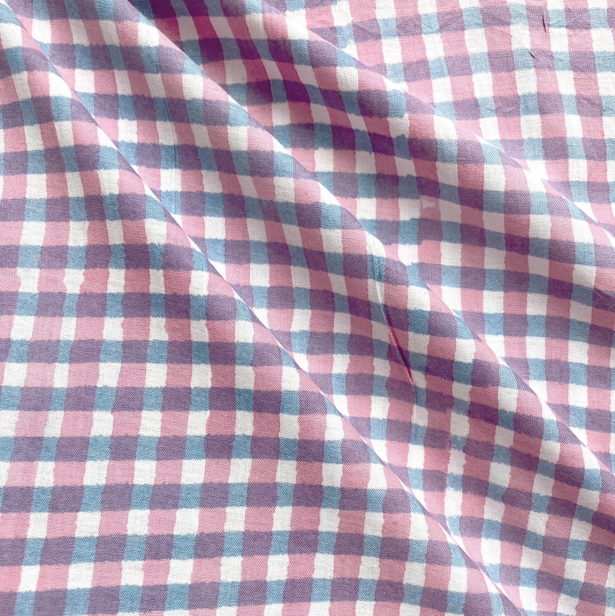 インド ブロックプリント生地 [50cm単位] サンガネリ ギンガムチェック ピンクXブルー PP IF0494