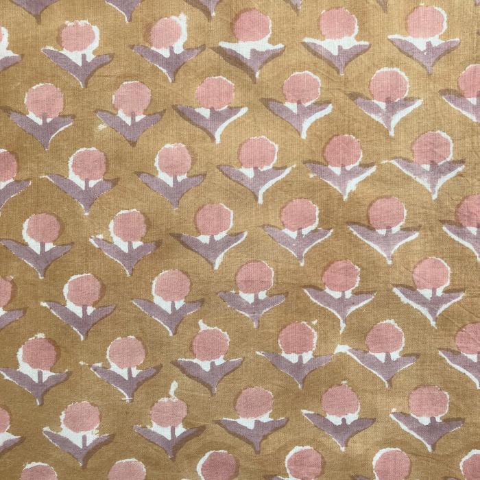 インド ブロックプリント生地 [50cm単位] サンガネリ デイジー on オークルブラウン 花 IF0489 | 2枚目