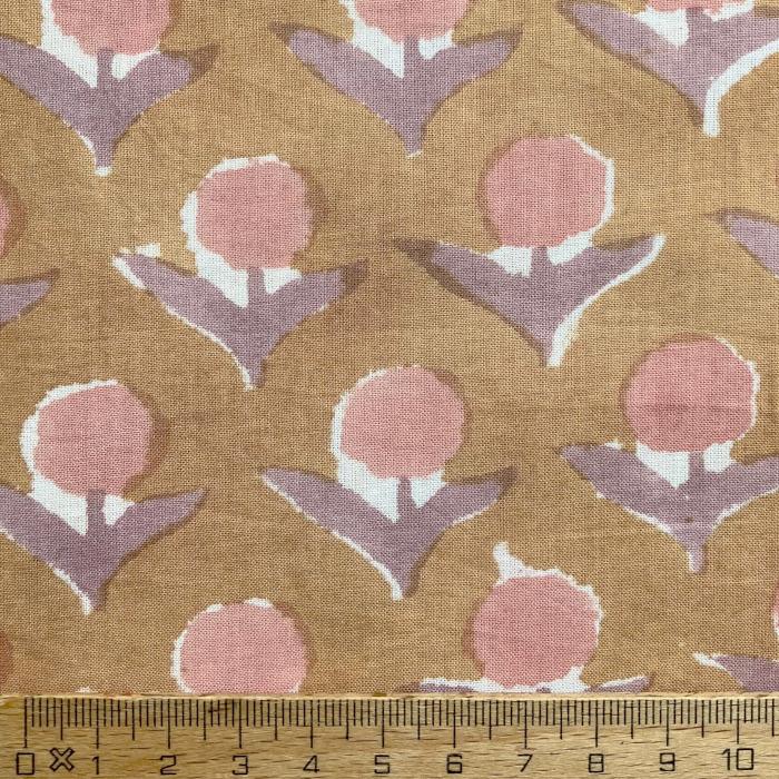 インド ブロックプリント生地 [50cm単位] サンガネリ デイジー on オークルブラウン 花 IF0489 | 3枚目