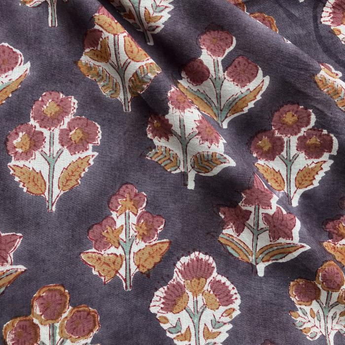 インド ブロックプリント生地 [50cm単位] サンガネリ クラシカルフラワー onパープル地 布 IF0500