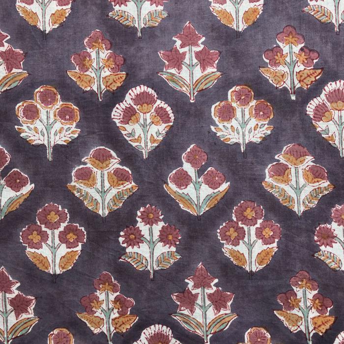 インド ブロックプリント生地 [50cm単位] サンガネリ クラシカルフラワー onパープル地 布 IF0500 | 2枚目