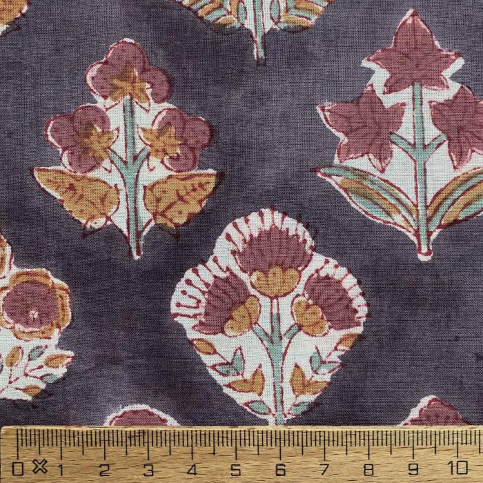 インド ブロックプリント生地 [50cm単位] サンガネリ クラシカルフラワー onパープル地 布 IF0500 | 3枚目