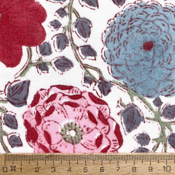 インド ブロックプリント生地 [50cm単位] サンガネリ ラナンキュラス ピンクXブルー 花 フラワー | 3枚目