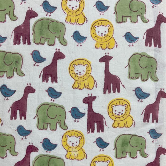 インド ブロックプリント生地 [50cm単位] サンガネリ アニマル カラフル きりん 象 ライオン 鳥 動物 0504 | 2枚目