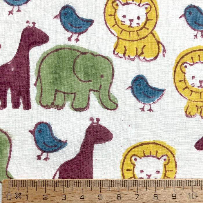 インド ブロックプリント生地 [50cm単位] サンガネリ アニマル カラフル きりん 象 ライオン 鳥 動物 0504 | 3枚目