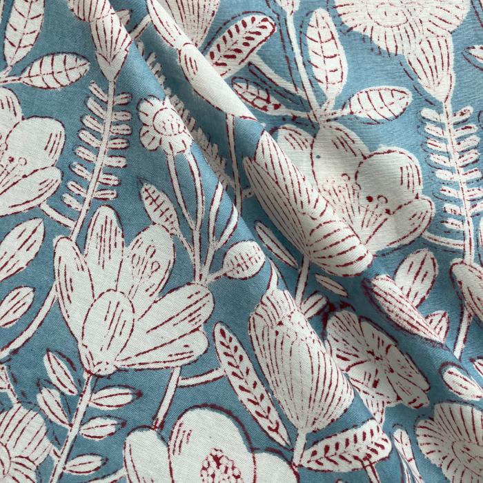 インド ブロックプリント生地 [50cm単位] Sanganeri 花畑 白抜きブルー PP フラワー IF0492