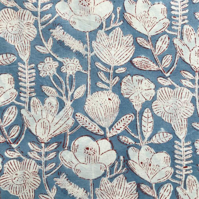 インド ブロックプリント生地 [50cm単位] Sanganeri 花畑 白抜きブルー PP フラワー IF0492 | 2枚目