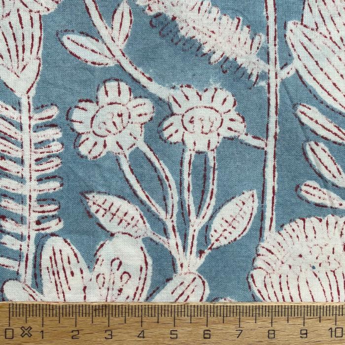 インド ブロックプリント生地 [50cm単位] Sanganeri 花畑 白抜きブルー PP フラワー IF0492 | 3枚目