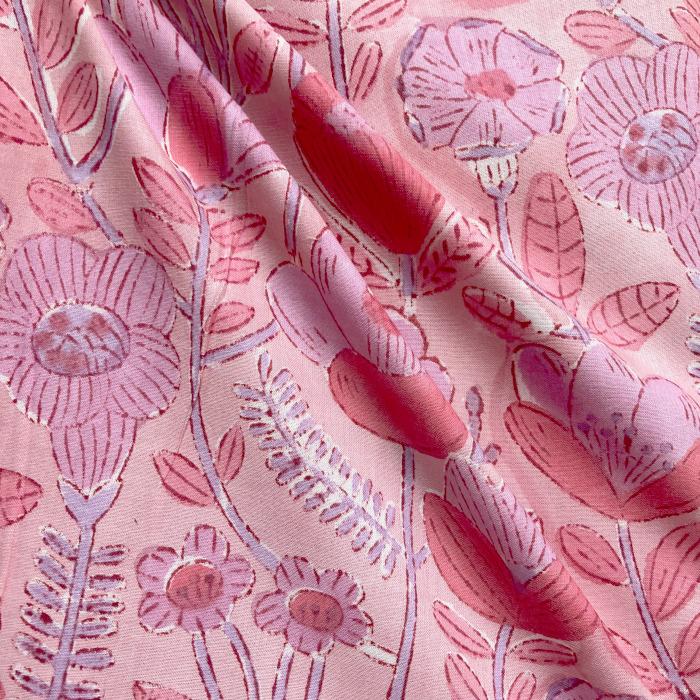 インド ブロックプリント生地 [50cm単位] Sanganeri 花畑 ピンクXライトピンク地 フラワー IF0493