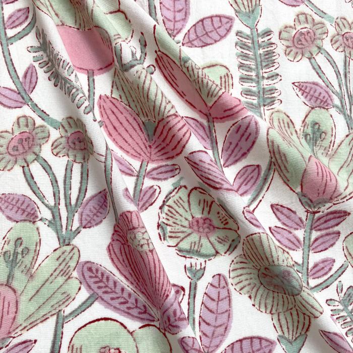 インド ブロックプリント生地 [50cm単位]  サンガネリ 花畑 ピンクXホワイト地  PP フラワー IF0491