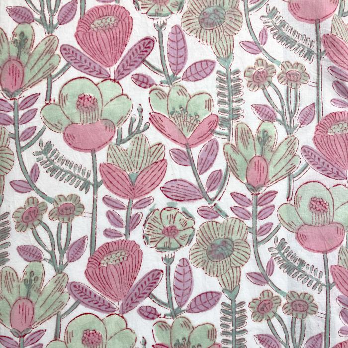 インド ブロックプリント生地 [50cm単位]  サンガネリ 花畑 ピンクXホワイト地  PP フラワー IF0491 | 2枚目