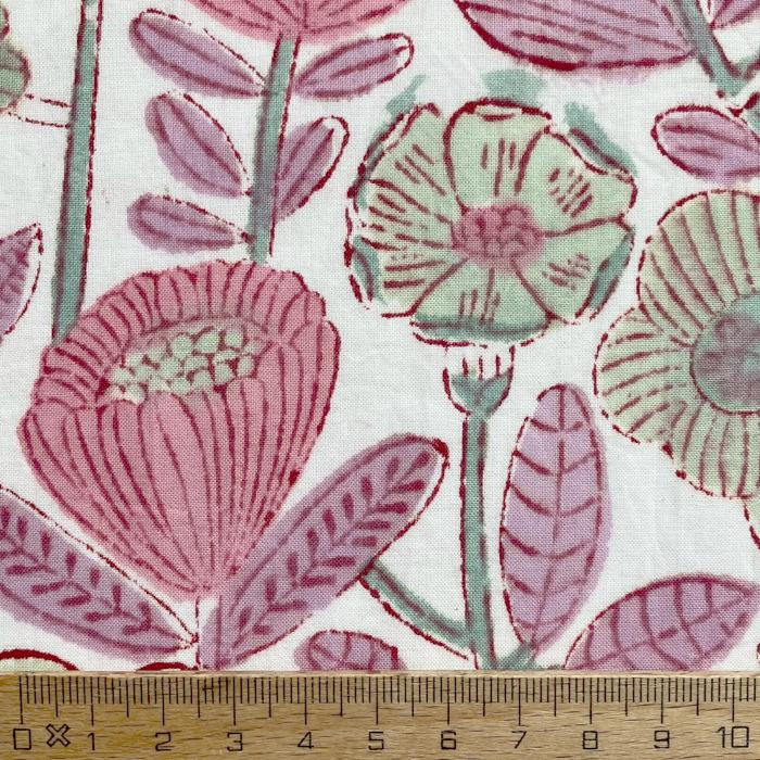 インド ブロックプリント生地 [50cm単位]  サンガネリ 花畑 ピンクXホワイト地  PP フラワー IF0491 | 3枚目