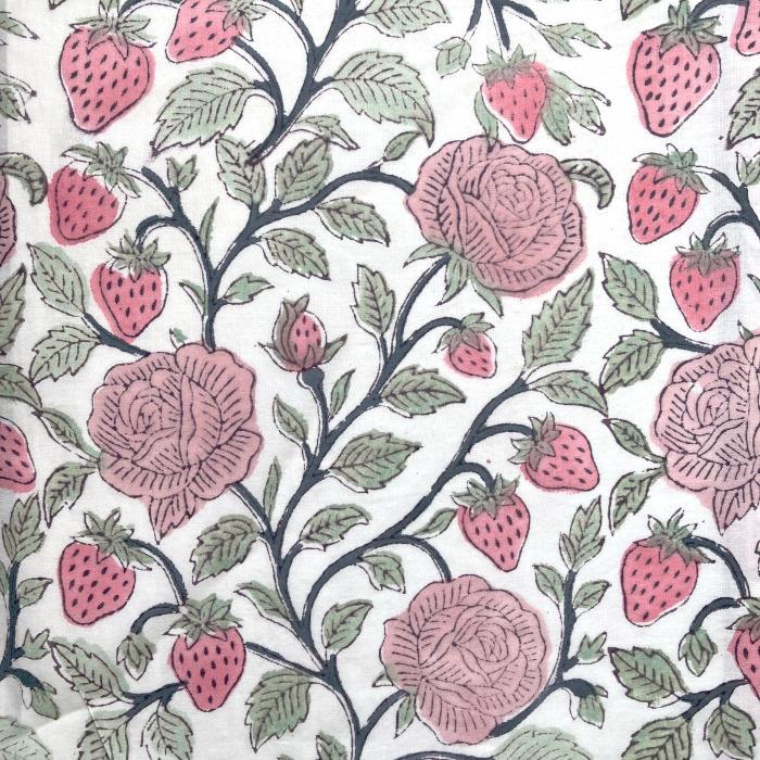 インド ブロックプリント生地 [50cm単位]  サンガネリ バラとイチゴ ローズ ストロベリーフラワー IF0505 | 2枚目