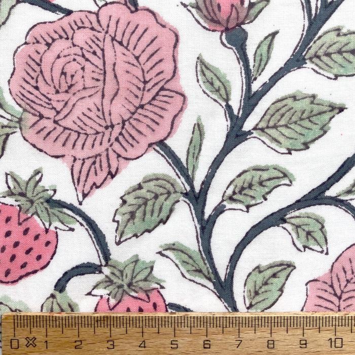 インド ブロックプリント生地 [50cm単位]  サンガネリ バラとイチゴ ローズ ストロベリーフラワー IF0505 | 3枚目