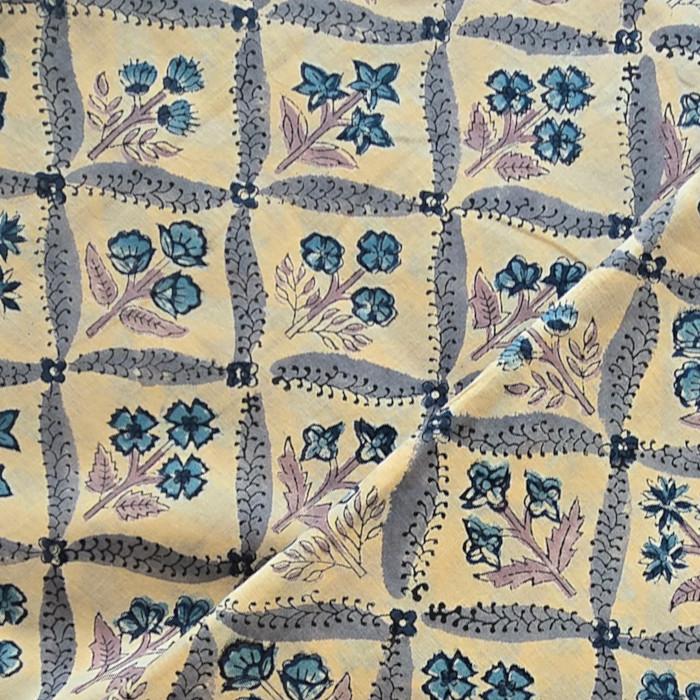 インド ブロックプリント生地 [50cm単位切売] サンガネリ クラシカルフラワーグレーon ベージュ 花IF0506