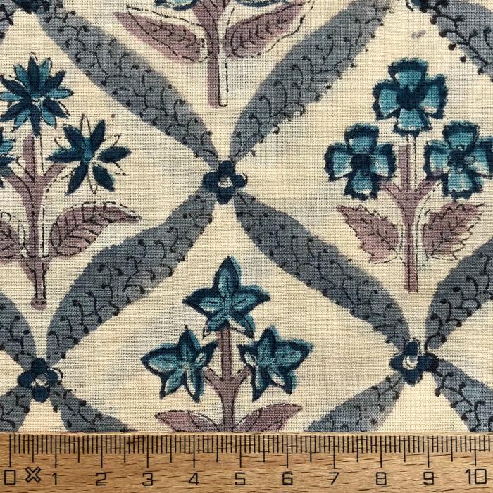 インド ブロックプリント生地 [50cm単位切売] サンガネリ クラシカルフラワーグレーon ベージュ 花IF0506 | 3枚目