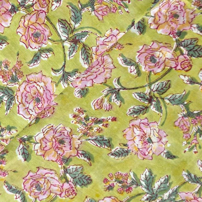 インド ブロックプリント生地 [50cm単位切売] サンガネリ バラ on グリーン ローズ 薔薇 IF0515 | 2枚目