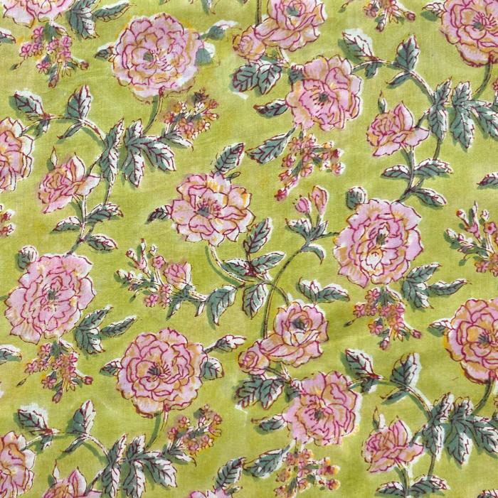 インド ブロックプリント生地 [50cm単位切売] サンガネリ バラ on グリーン ローズ 薔薇 IF0515 | 3枚目