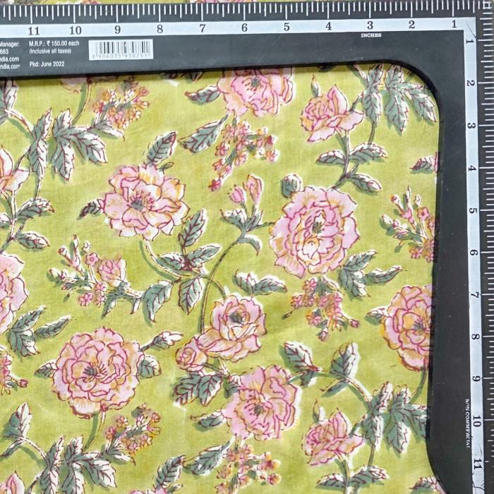 インド ブロックプリント生地 [50cm単位切売] サンガネリ バラ on グリーン ローズ 薔薇 IF0515 | 4枚目