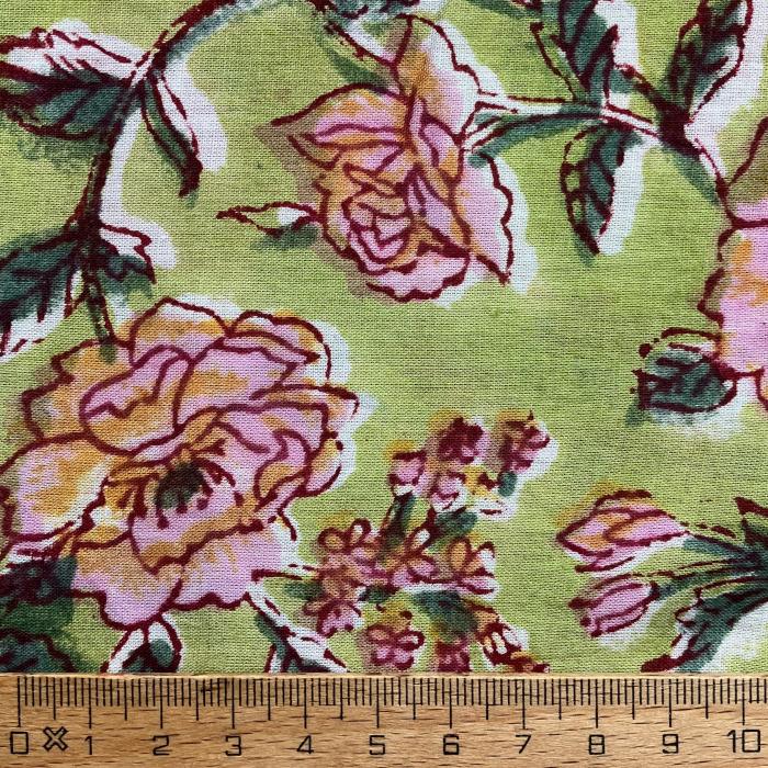 インド ブロックプリント生地 [50cm単位切売] サンガネリ バラ on グリーン ローズ 薔薇 IF0515 | 5枚目