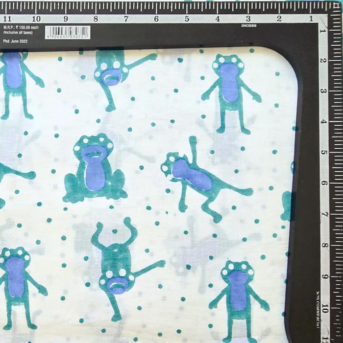 インド ブロックプリント生地 [50cm単位切売] サンガネリ カエルとドット グリーン 蛙 フロッグ IF0508 | 2枚目