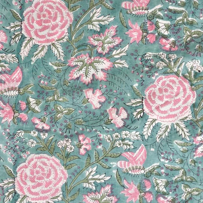 インド ブロックプリント生地 [50cm単位切売] サンガネリ バラと蝶々 on ライトブルー ローズ 薔薇IF0510 | 2枚目