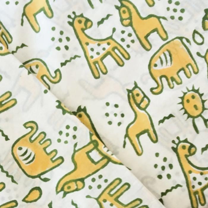 インド ブロックプリント生地 [50cm単位切売] サンガネリ 動物 イエローXグリーン 馬 象 きりん IF0514