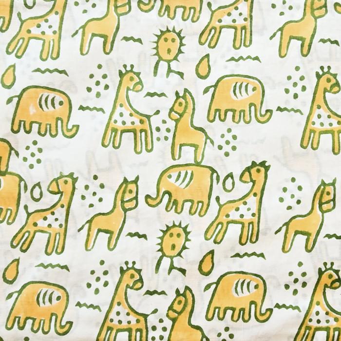 インド ブロックプリント生地 [50cm単位切売] サンガネリ 動物 イエローXグリーン 馬 象 きりん IF0514 | 2枚目