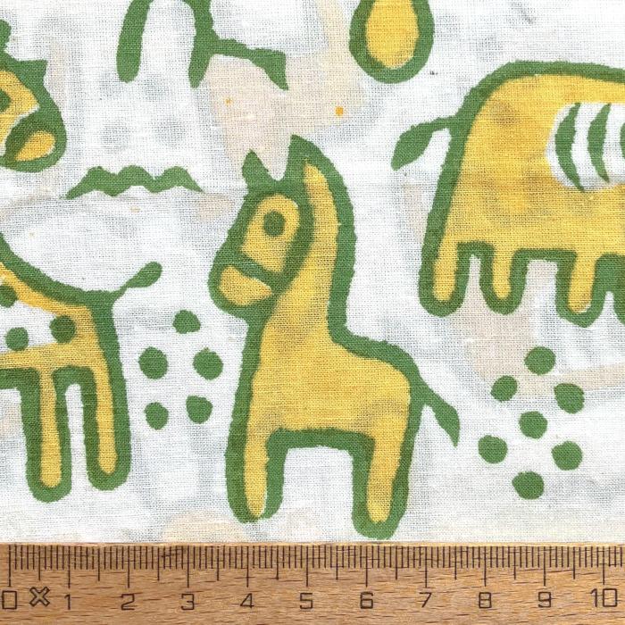 インド ブロックプリント生地 [50cm単位切売] サンガネリ 動物 イエローXグリーン 馬 象 きりん IF0514 | 4枚目