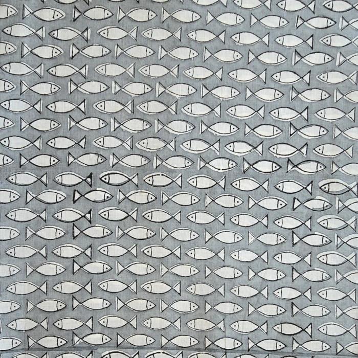 インド ブロックプリント生地 [50cm単位切売] サンガネリ 白いさかな on グレー 魚 フィッシュ IF0513 | 2枚目
